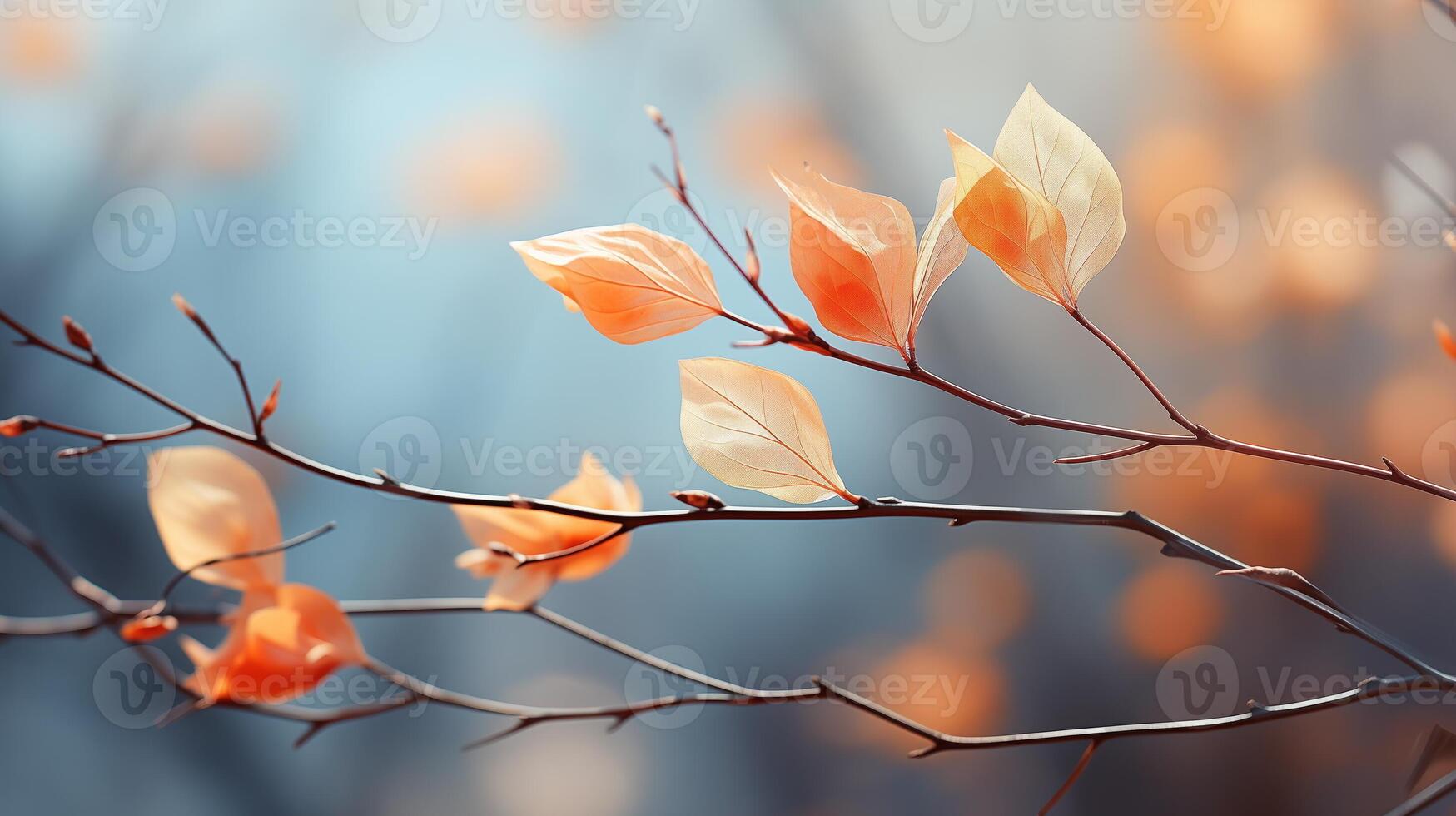 ai genererad höst löv på bar grenar mot en mjukt fokus bakgrund. närbild med bokeh effekt. natur och säsong förändra begrepp. foto