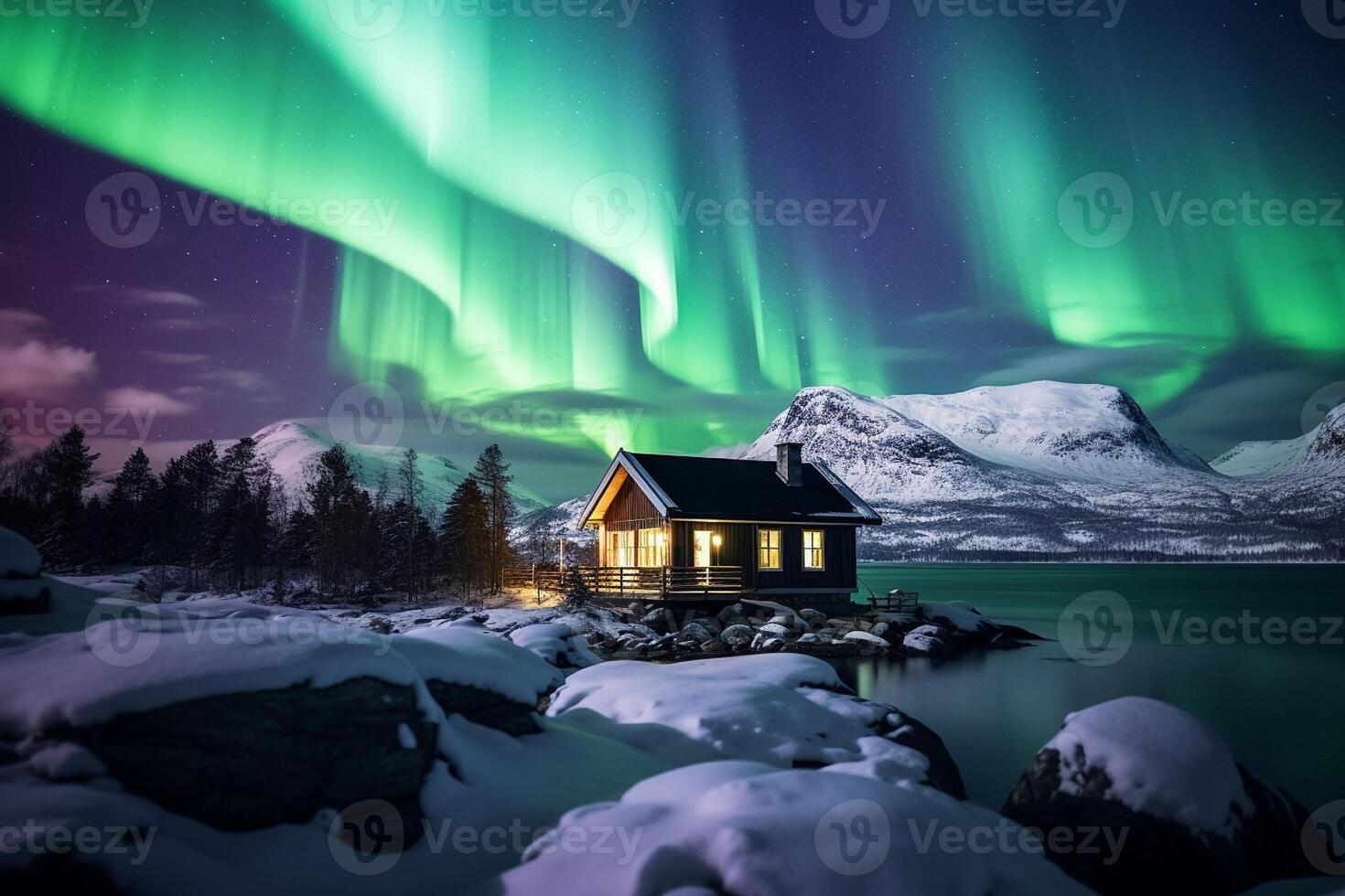 ai genererad förtjusande nordlig lampor över en snöig landskap foto