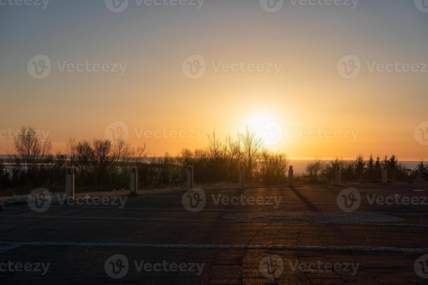 skön gyllene solnedgång över hav med torkades träd och gård foto