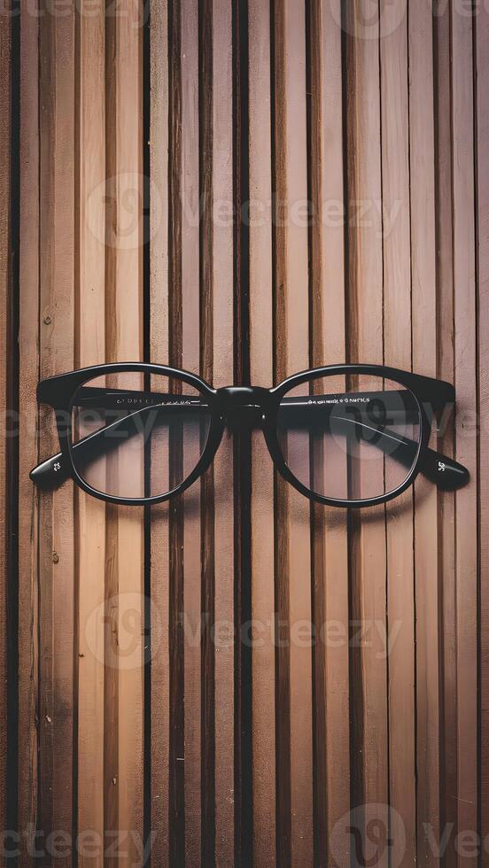 ai genererad eleganta glasögon med svart ramar uppsättning mot naturlig trä- bakgrund vertikal mobil tapet foto