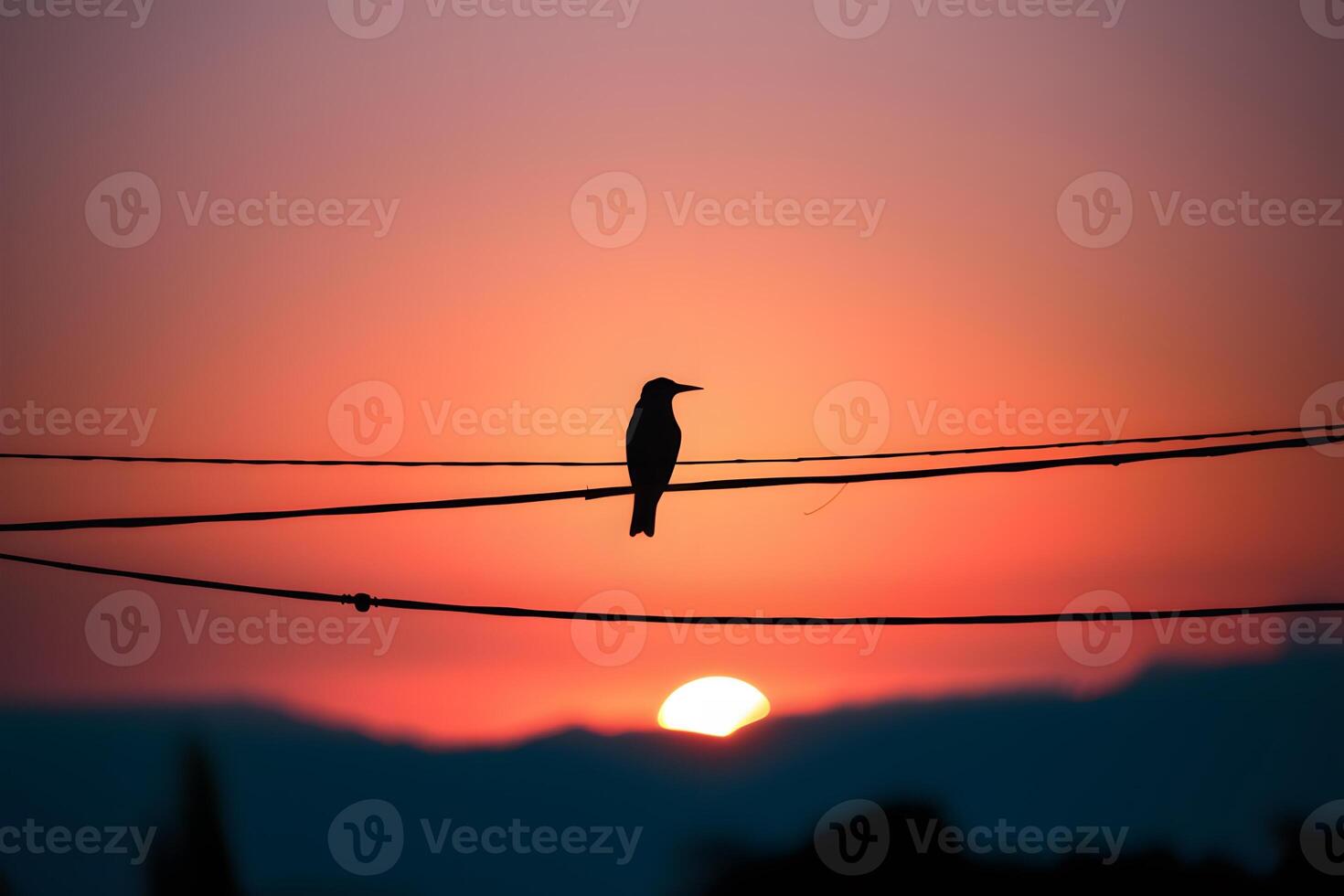 ai genererad silhouetted fågel uppflugen graciöst på kraft linje mot skymning foto