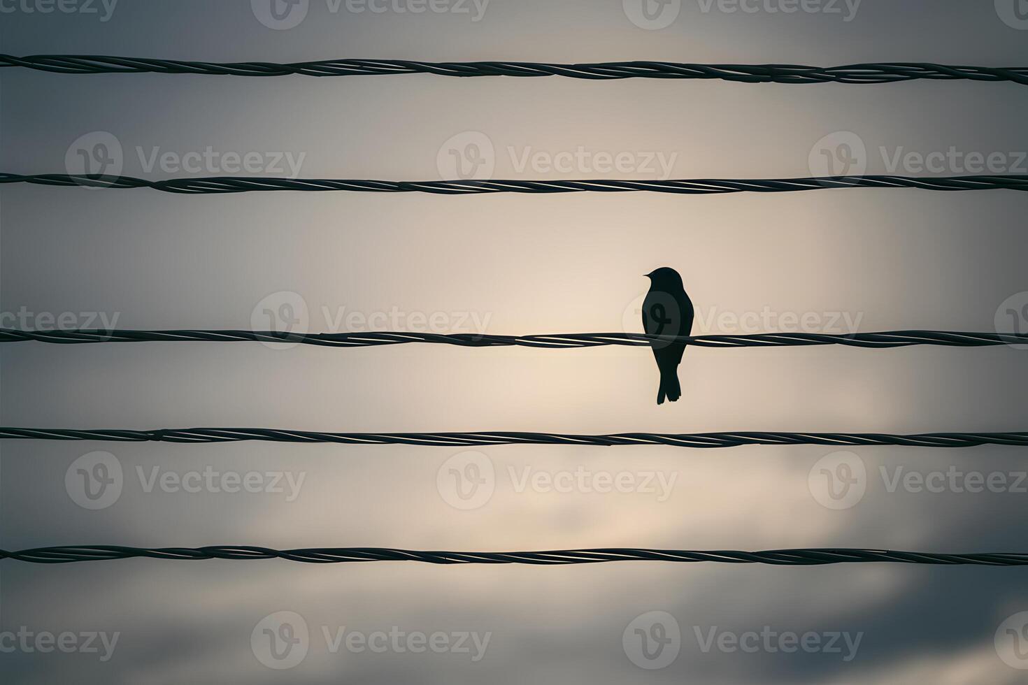 ai genererad skott fågel silhuett uppflugen på trådar mot grå himmel bakgrund foto