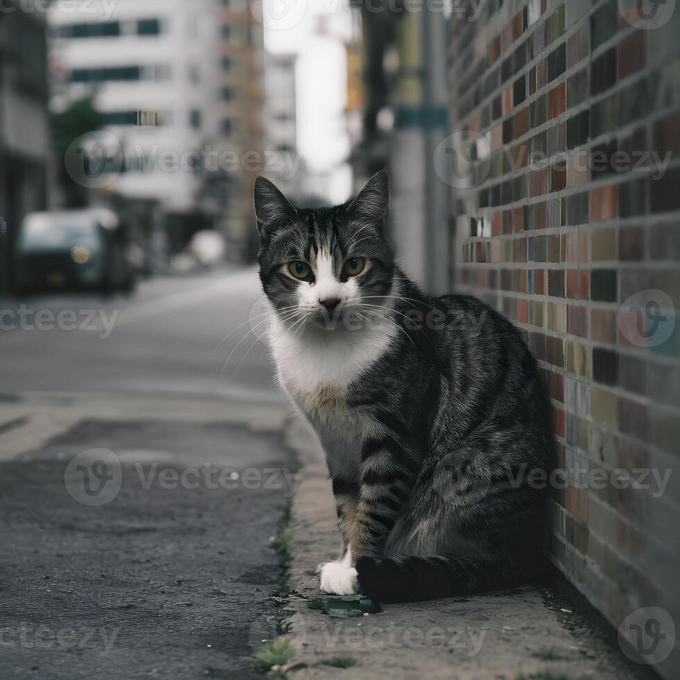 ai genererad herrelös katt blandning in i urban bakgrund, en symbol av elasticitet för social media posta storlek foto