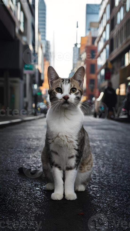 ai genererad skön katt strejker utgör på urban gata, utsöndrar elegans och nåd vertikal mobil tapet foto