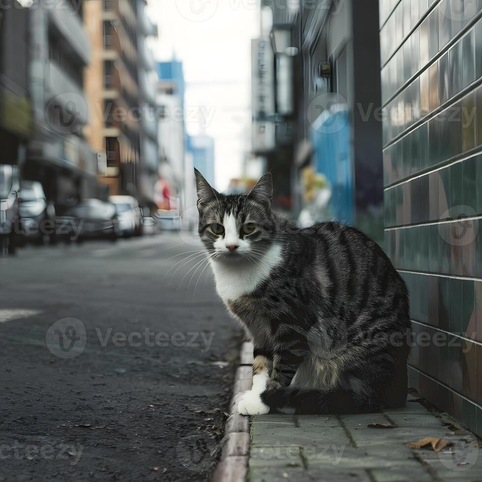 ai genererad herrelös katt blandning in i urban bakgrund, en symbol av elasticitet för social media posta storlek foto