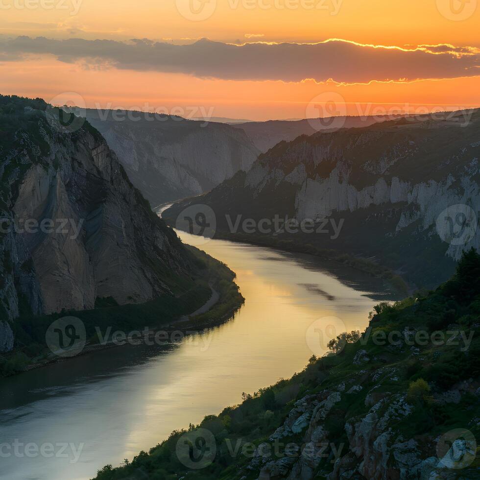 ai genererad solnedgång målarfärger Donau klyfta i djerdap, Serbien, med gyllene ljus för social media posta storlek foto