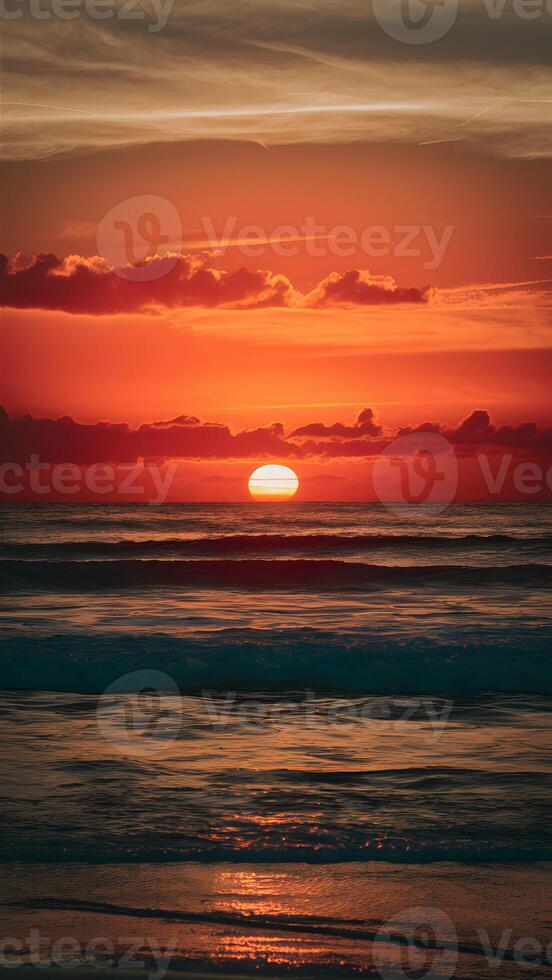 ai genererad orange tonad himmel möter mörk vågor, naturskön havsstrand solnedgång vertikal mobil tapet foto