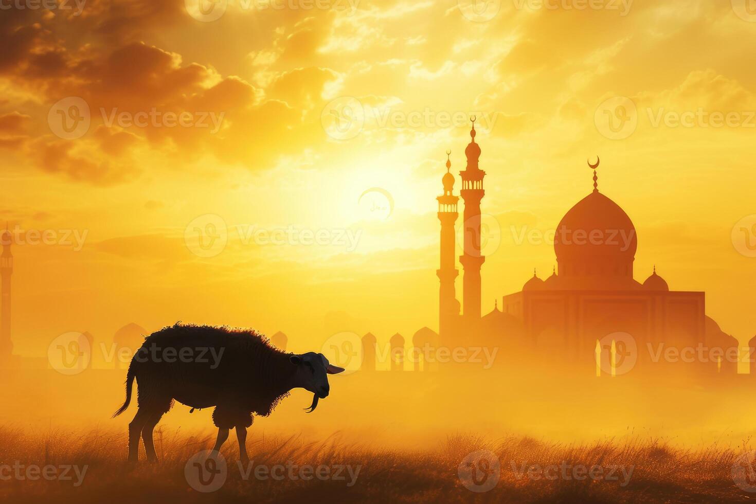 ai genererad silhuett av en lamm eller get med en majestätisk moské bakgrund under en hisnande solnedgång. foto