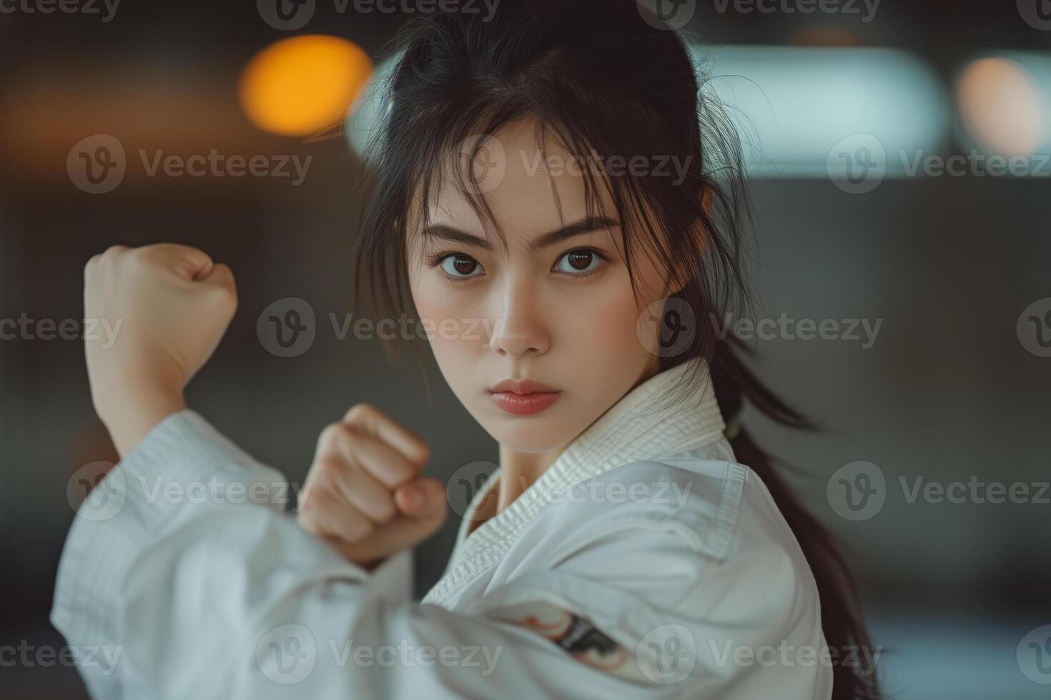 ai genererad karate, taekwondo, judo. ett asiatisk kvinna klädd i en traditionell kimono praxis krigisk konst eller demonstrerar en Metod foto