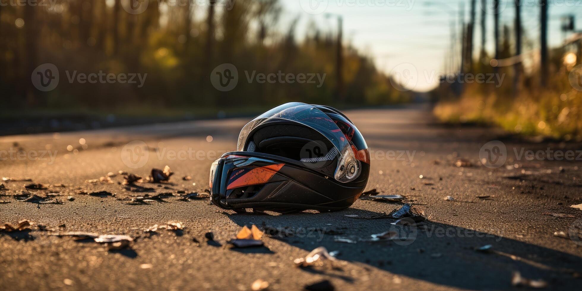 ai genererad Foto av hjälm och motorcykel på väg, begrepp av väg olyckor. generativ ai