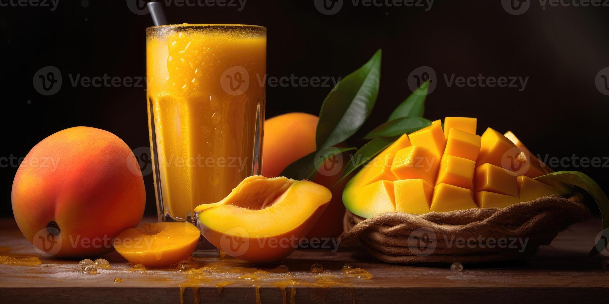 ai genererad färsk mango juice närbild på en mörk bakgrund. generativ ai foto
