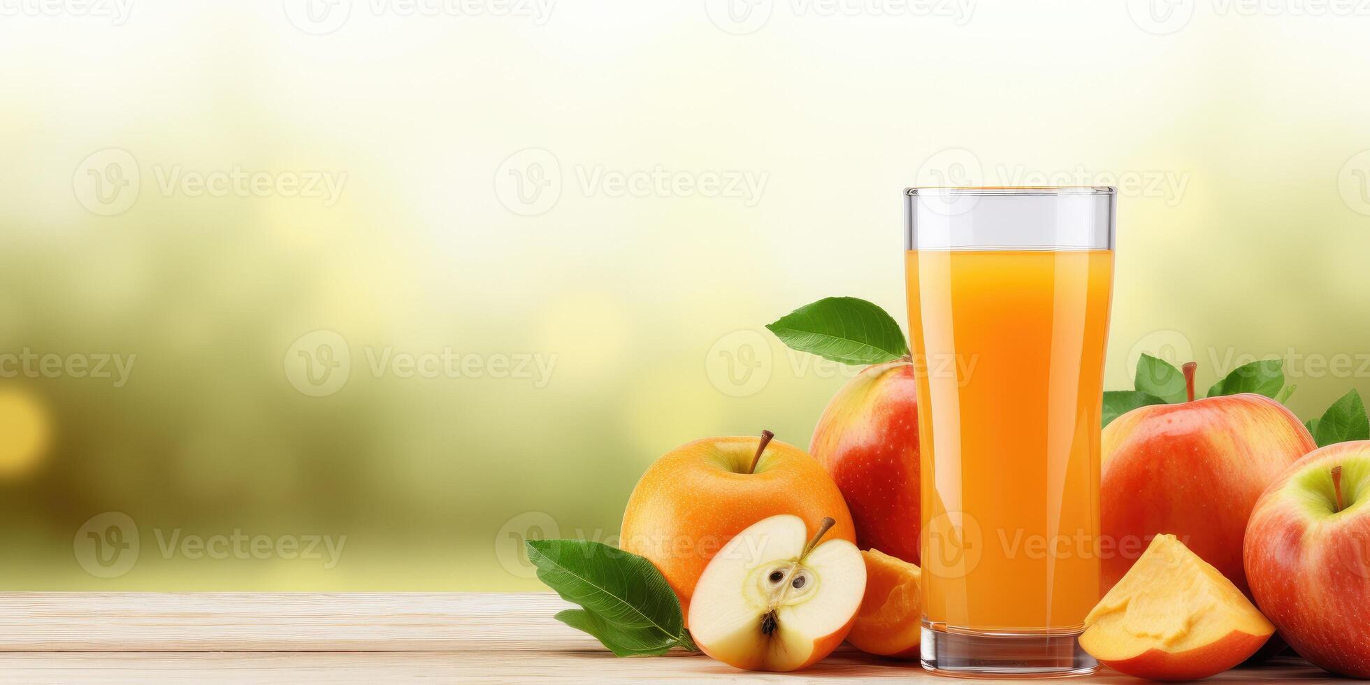 ai genererad äpple juice på trä- tabell, på en ljus bakgrund, Plats för text. generativ ai foto