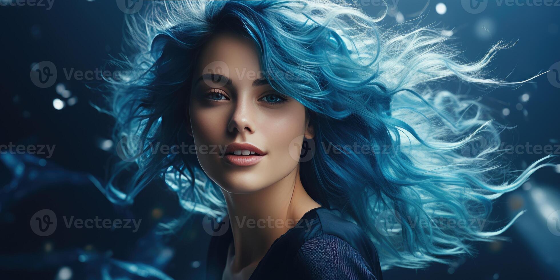 ai genererad porträtt av en skön ung kvinna med blå hår, generativ ai foto