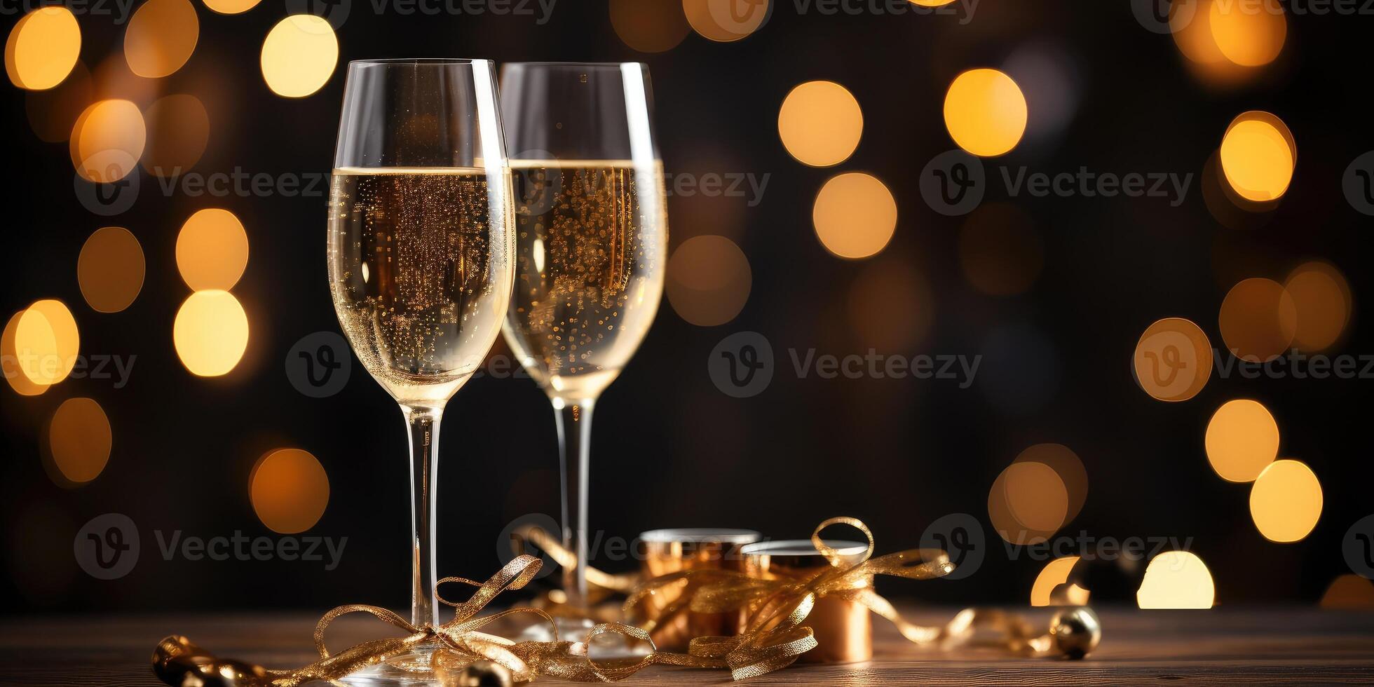 ai genererad två glasögon av champagne med konfetti, serpentin på en mörk bakgrund med bokeh, generativ ai foto