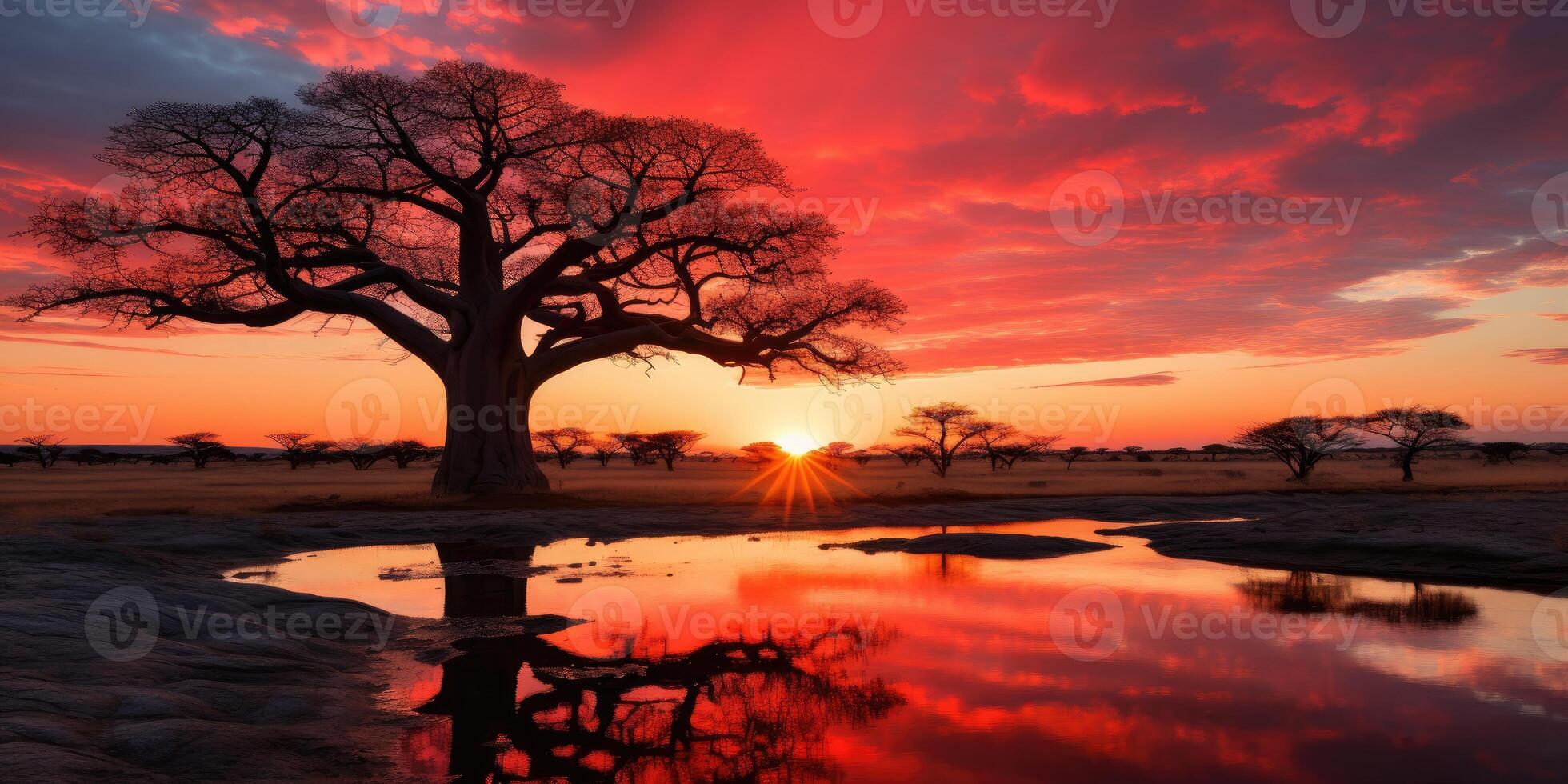 ai genererad landskap av baobab träd nära en sjö, landskap av tropisk afrika. generativ ai foto