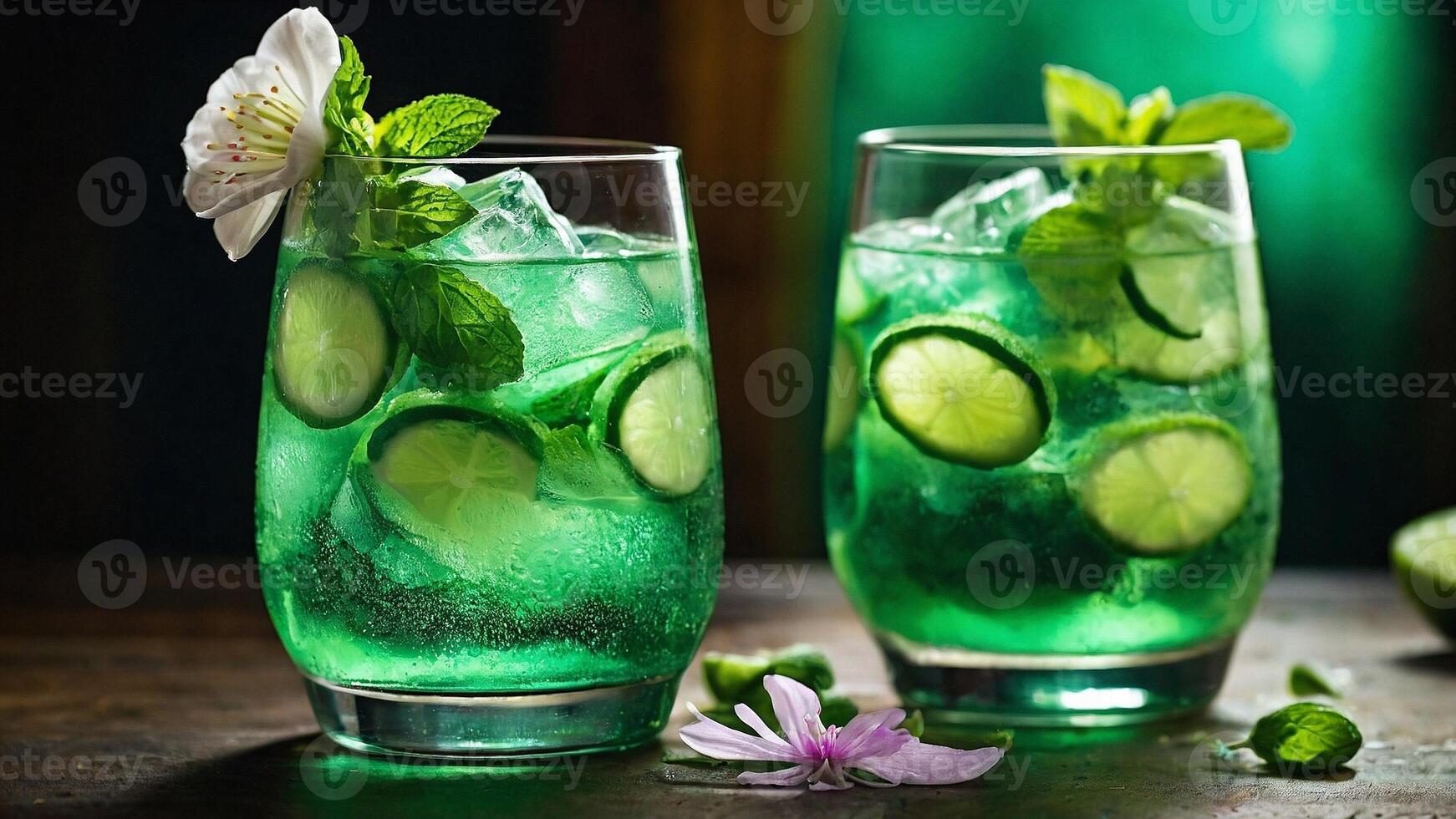 en glas fylld med en vibrerande grön mocktail tillverkad med färsk mynta, gurka, och kalk skivor, kondensation formning på de glas med en vår blomma garnering. foto