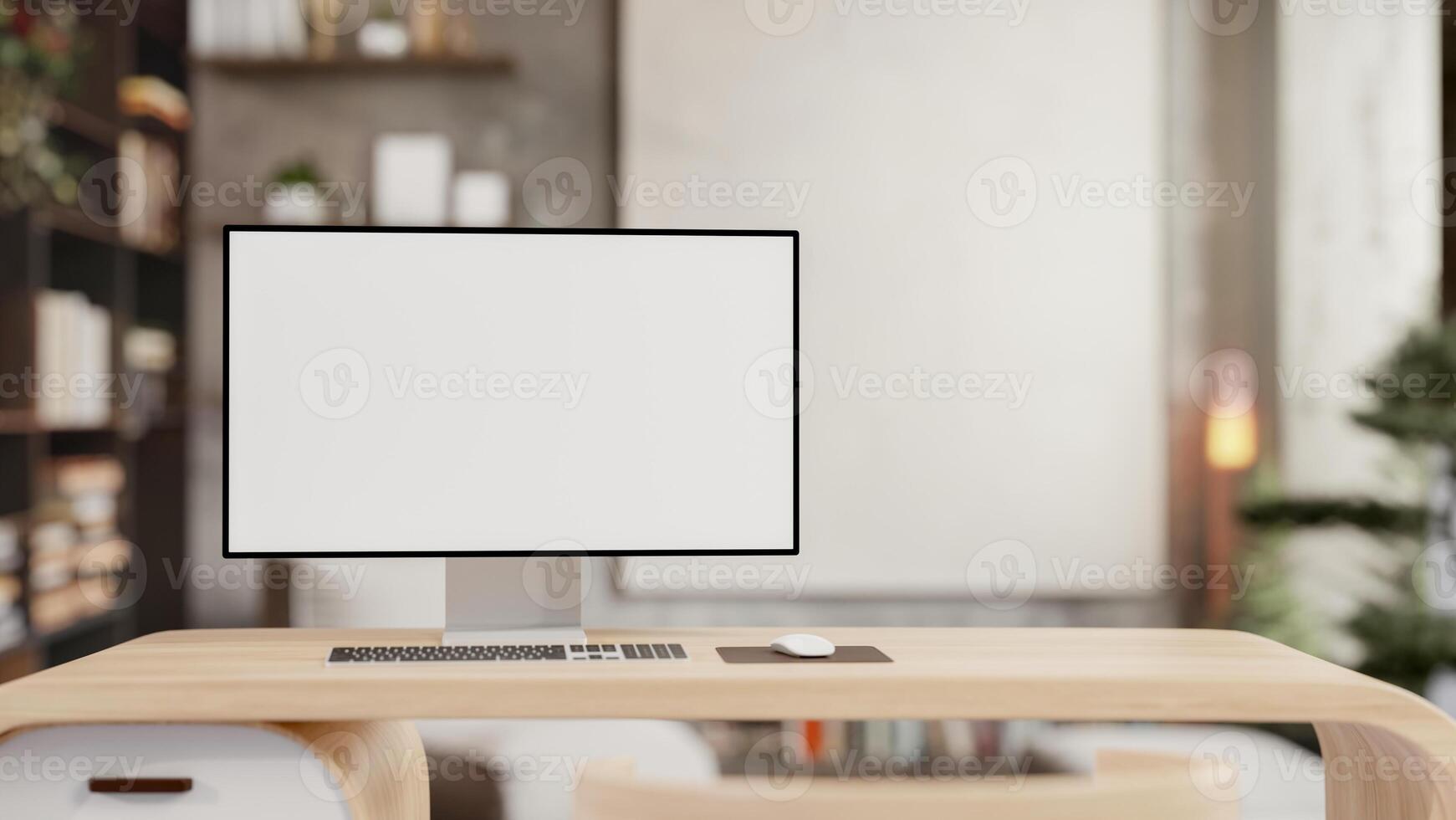 en vit skärm dator attrapp på en modern trä- skrivbord i en samtida kontor. foto