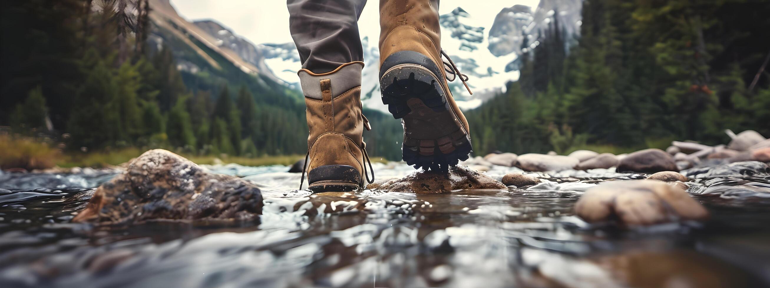vandring vandrare resande landskap äventyr natur utomhus sport bakgrund panorama - stänga upp av fötter med vandring skor från en man eller kvinna gående i de flod foto