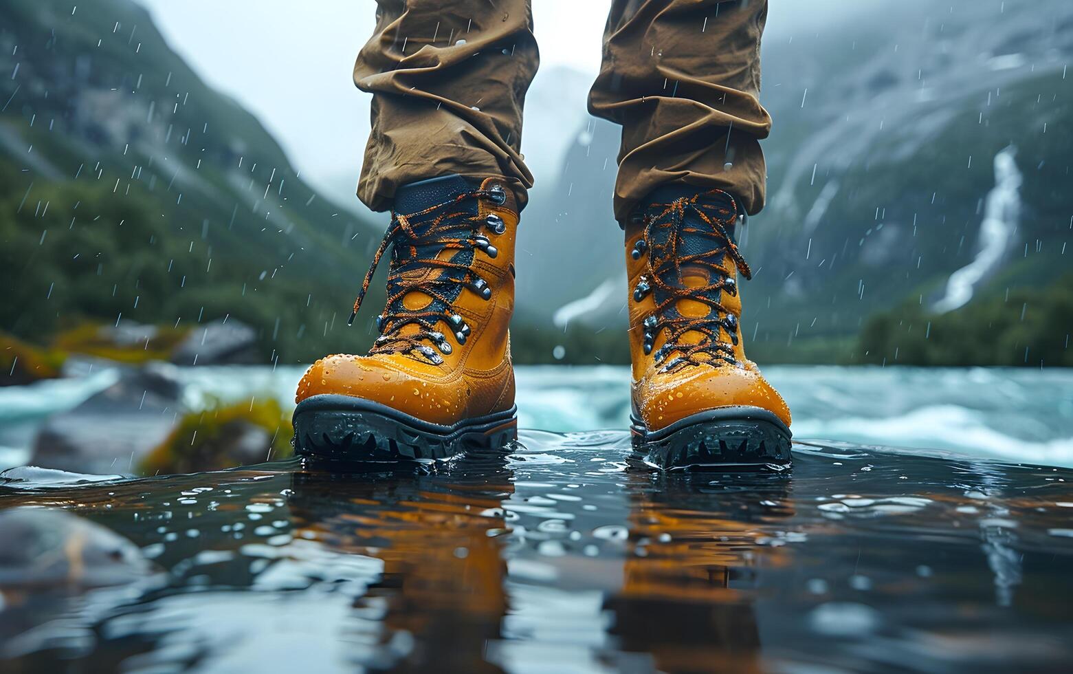 vandring vandrare resande landskap äventyr natur utomhus sport bakgrund panorama - stänga upp av fötter med vandring skor från en man eller kvinna gående i de flod foto