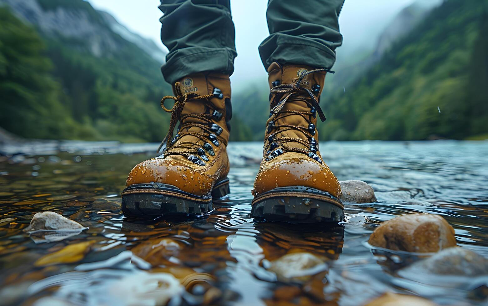 vandring vandrare resande landskap äventyr natur utomhus sport bakgrund panorama - stänga upp av fötter med vandring skor från en man eller kvinna gående i de flod foto