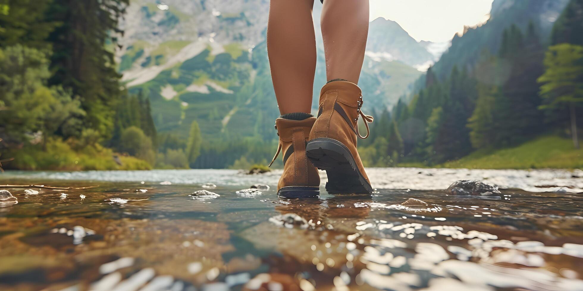 vandring vandrare resande landskap äventyr natur utomhus sport bakgrund panorama - stänga upp av fötter med vandring skor från en man eller kvinna gående i de flod foto