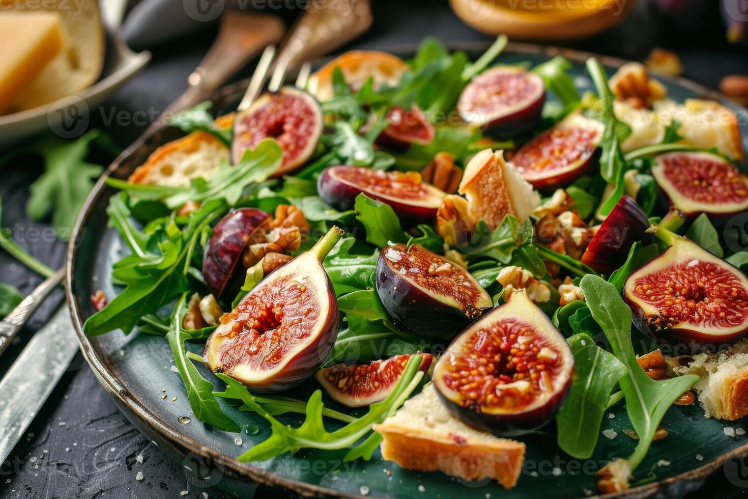 sallad med fikon, ruccola, oliv olja på en svart tallrik och svart bakgrund foto