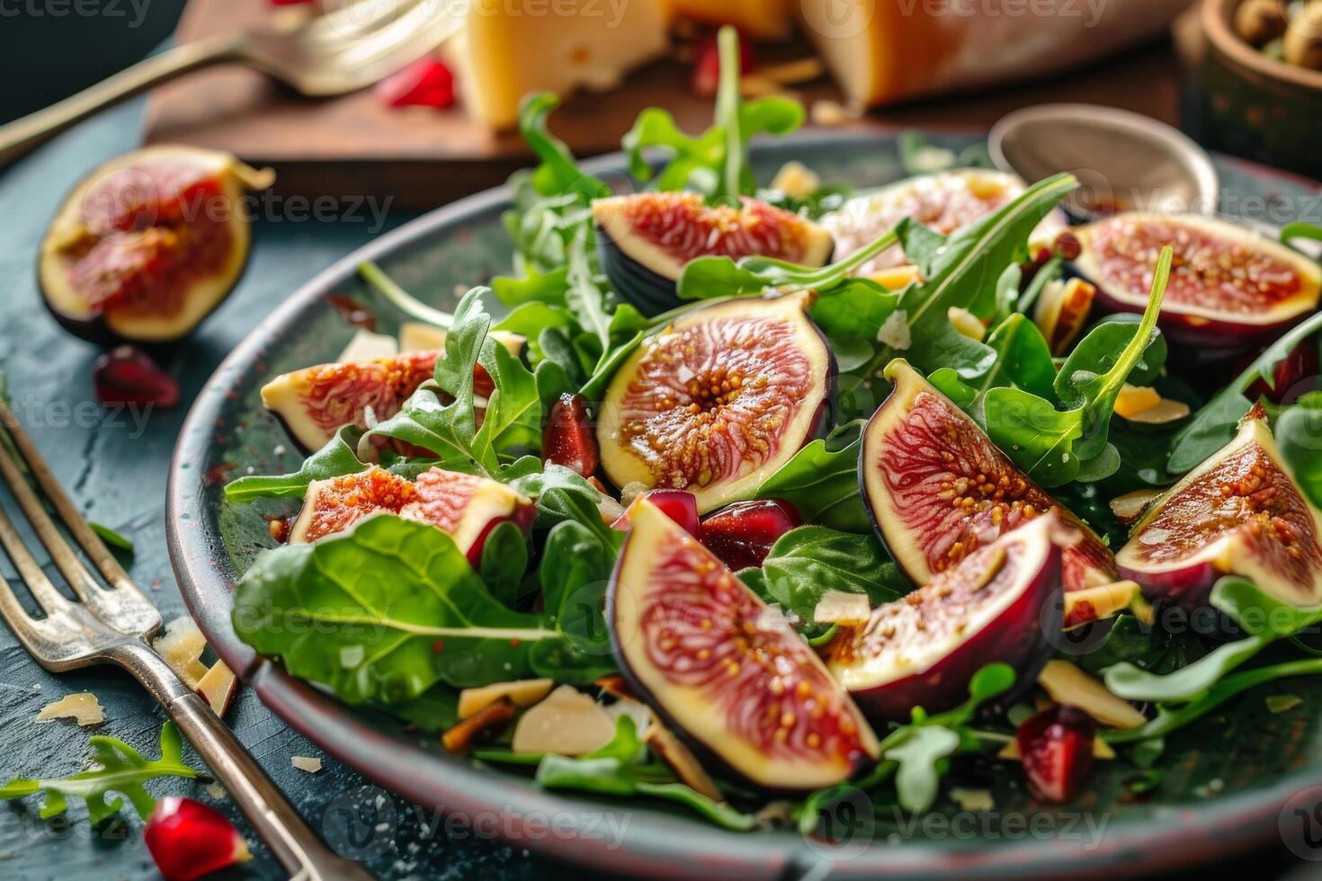 sallad med fikon, ruccola, oliv olja på en svart tallrik och svart bakgrund foto