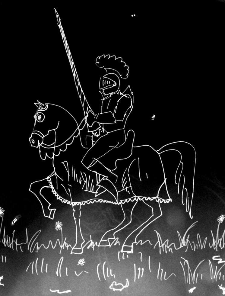 en medeltida riddare med rustning och spjut på häst foto