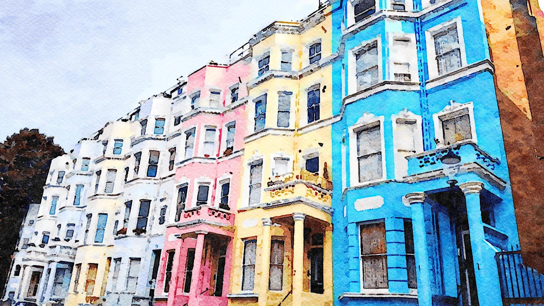 en morgon- glimt av några färgrik London byggnader i england. digital vattenfärg stil. foto