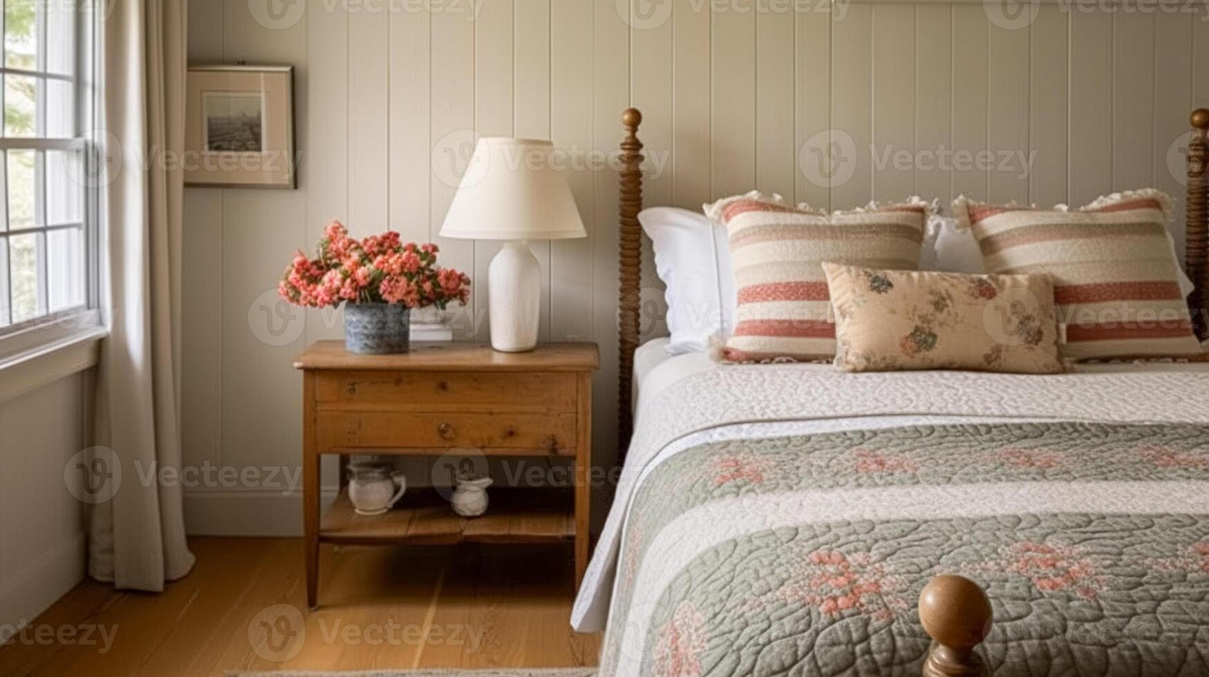bondgård sovrum dekor, interiör design och Hem dekor, säng med Land strö och möbel, engelsk landsbygden hus, Semester uthyrning och stuga stil foto
