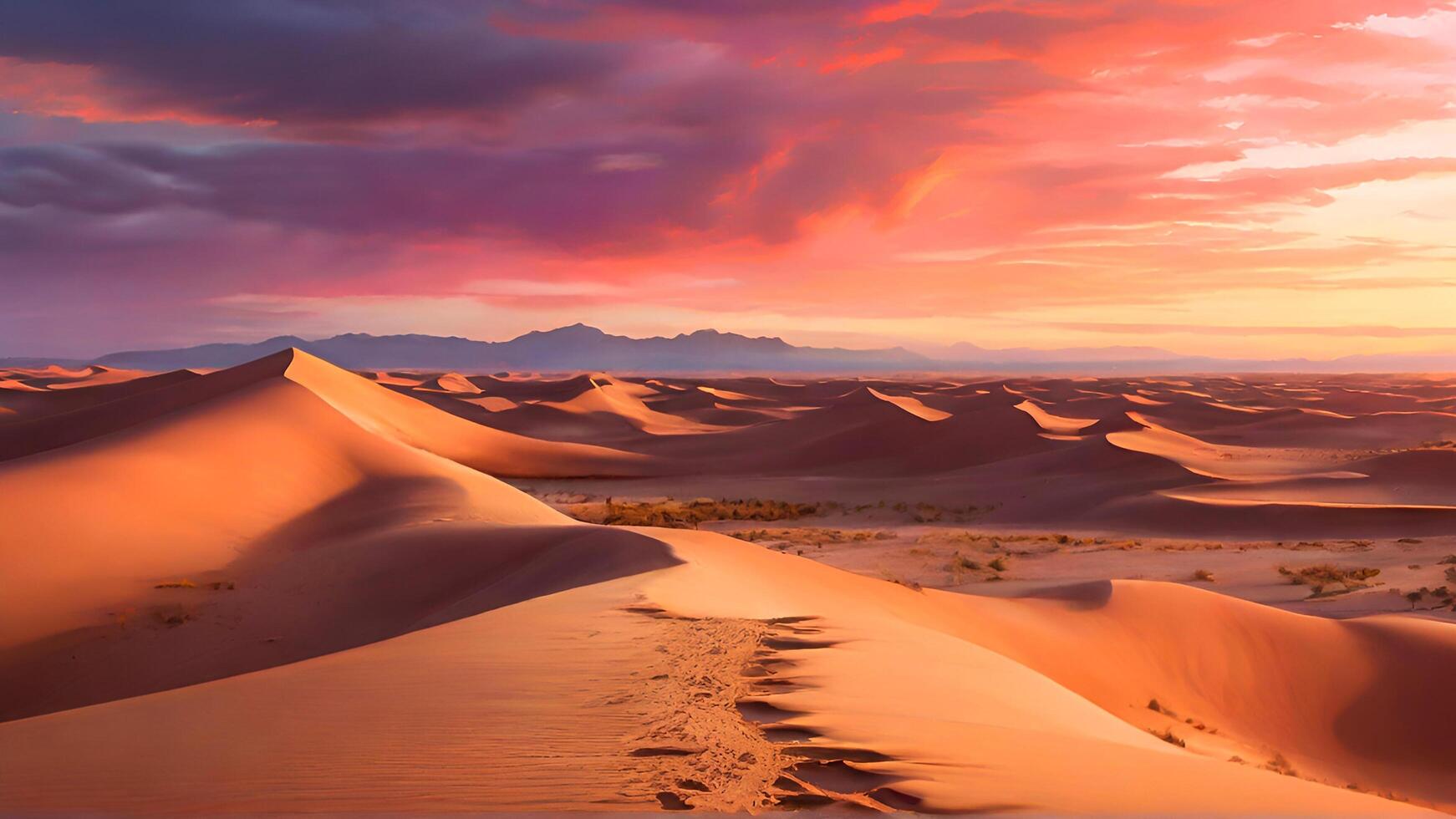 solnedgång över öken. gyllene sand sanddyner och vibrerande himmel en skön och fredlig natur scen. foto