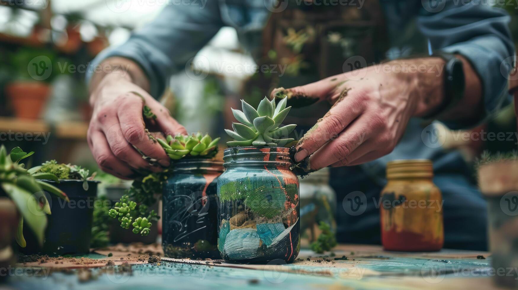 trädgårdsmästare tar vård av hus växter i gammal återanvänds burkar över trä- tabell foto