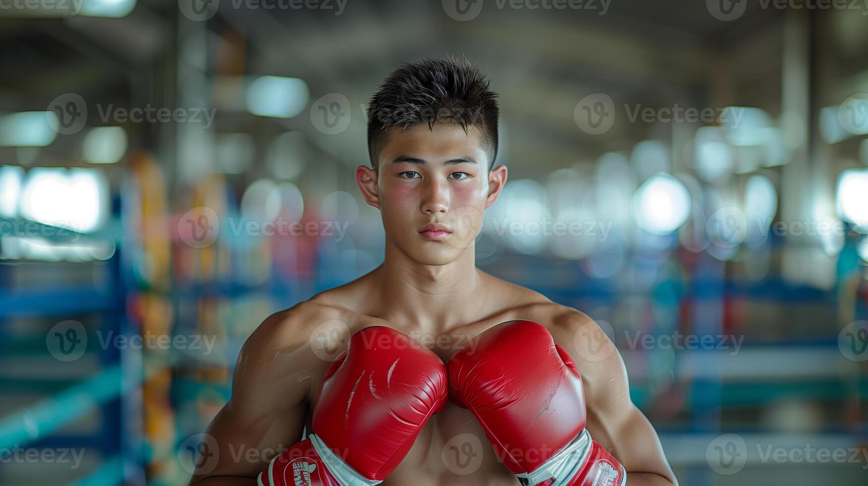 porträtt av asiatisk Tonårs pojke bär röd boxning handskar ser på kamera foto