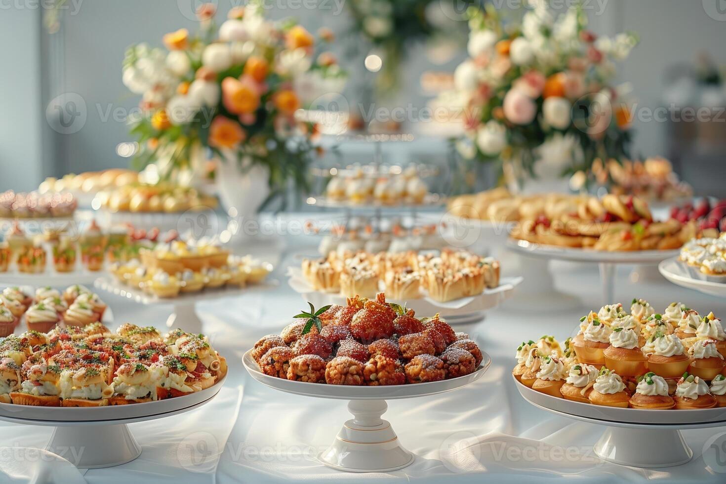 lyxig dekoration av vit bordsdukar med massor av finger mat beredd professionell reklam mat fotografi foto