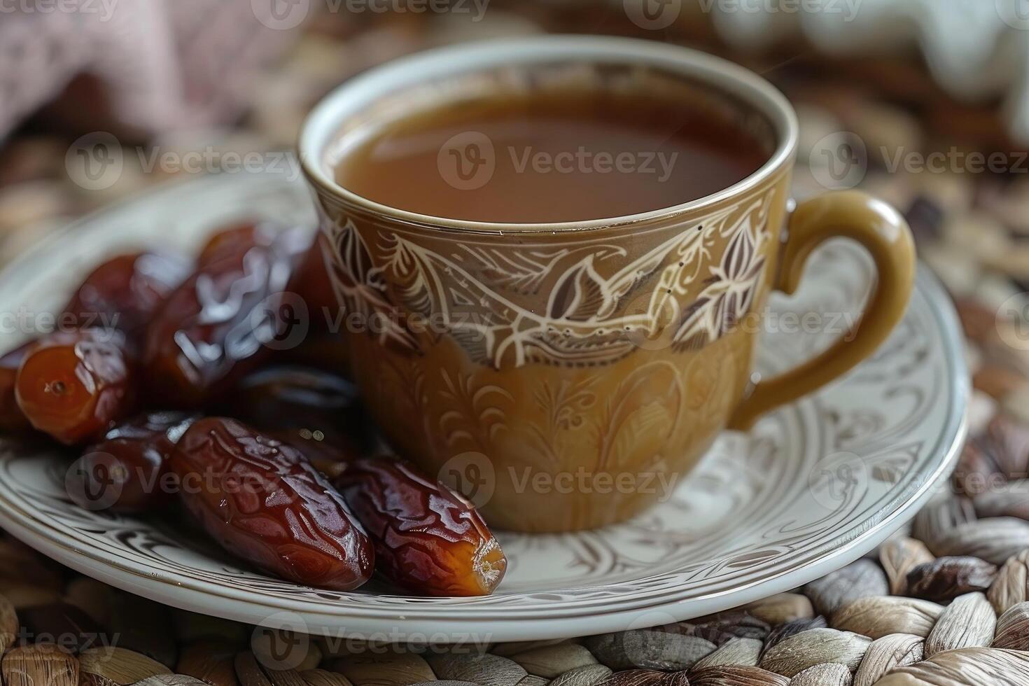 en kopp te och datum på tallrik för ramadan iftar stil professionell reklam mat fotografi foto