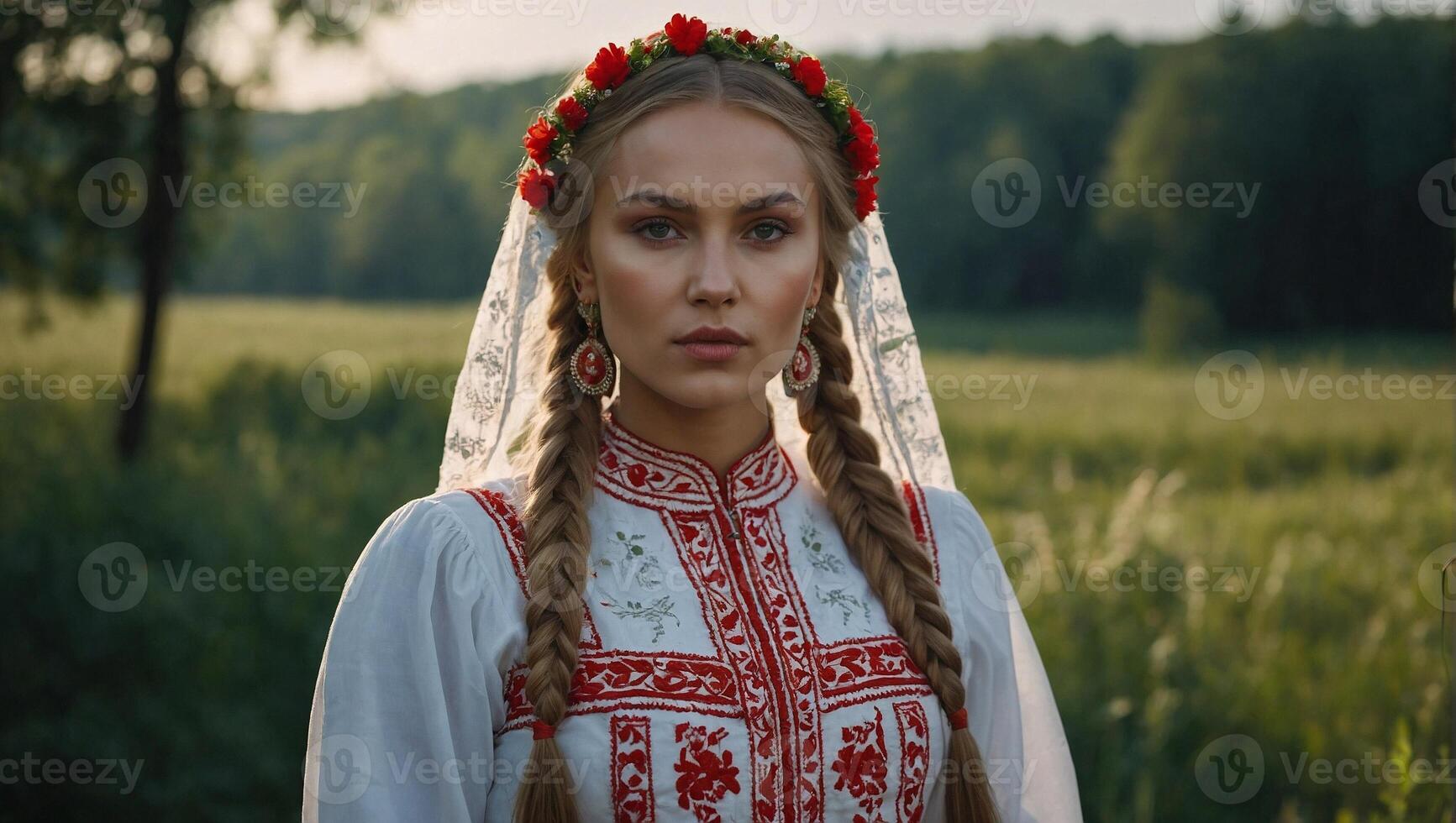 skön slavic kvinna klädd i traditionell Linné vit klänning med röd broderi foto