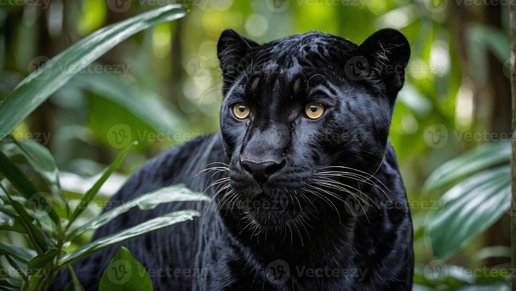 elegant och vig svart panter stirrande alert i tropisk regnskog foto