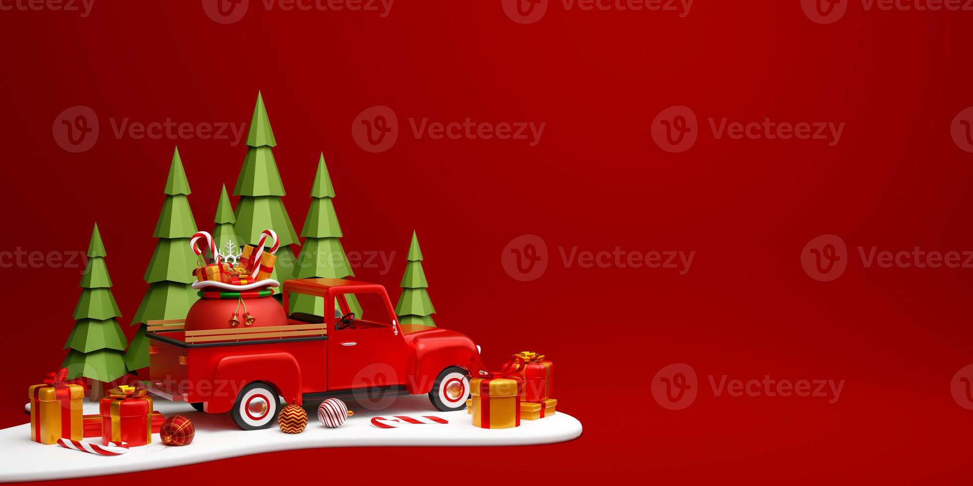 jul banner av xmas lastbil med presentpåse i tallskog, 3d illustration foto