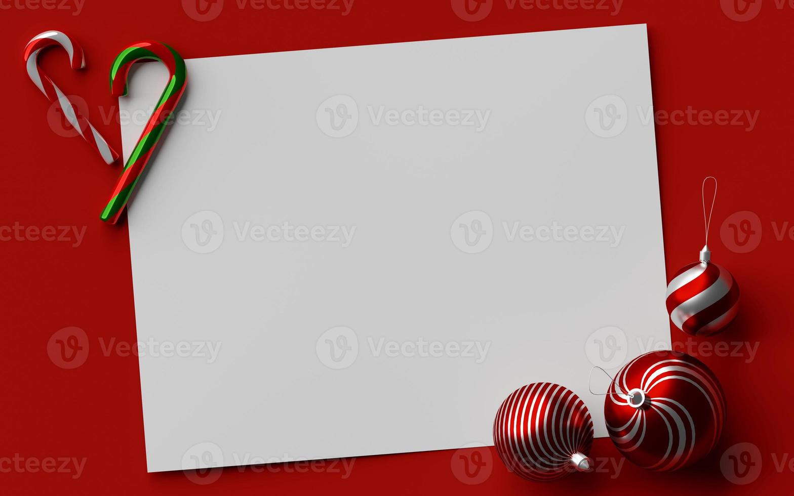 vitt papper mockup på röd bakgrund med juldekorationer, 3d-illustration foto
