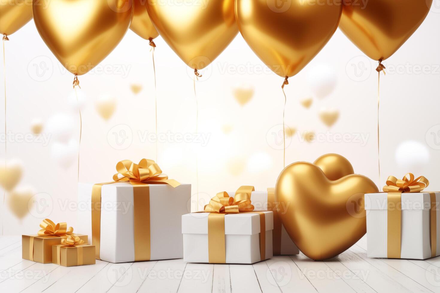 Lycklig hjärtans dag kärlek eller födelsedag firande Semester bakgrund baner illustration hälsning kort - guld hjärta ballonger och guld vit gåva lådor på tabell foto