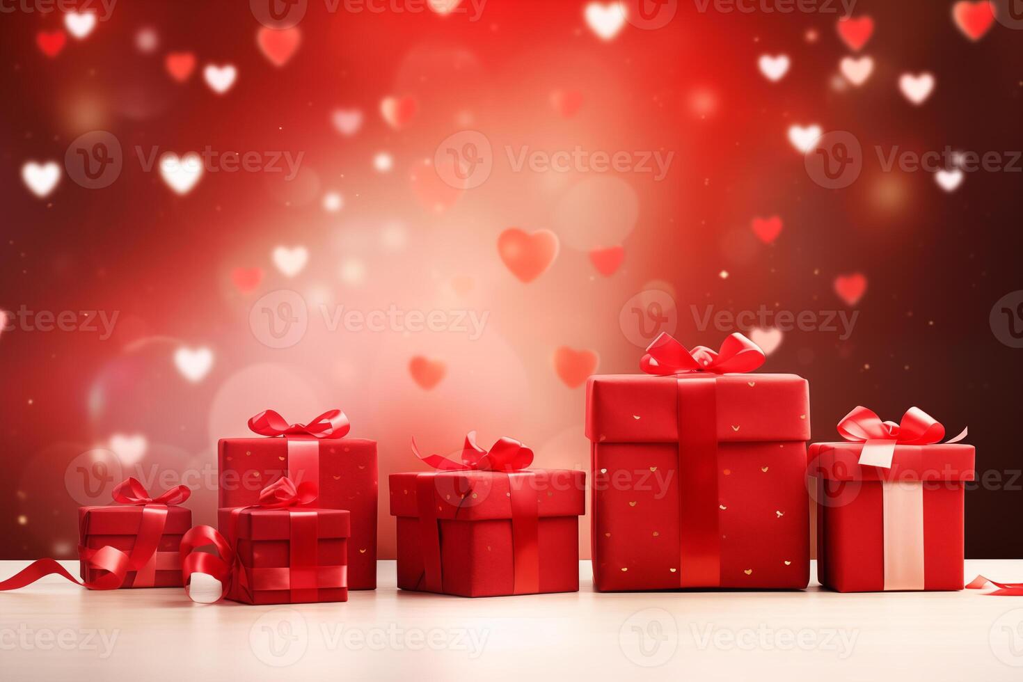 Lycklig hjärtans dag valentine kärlek eller födelsedag firande Semester bakgrund baner illustration hälsning kort - röd gåva lådor och hjärtan på tabell foto