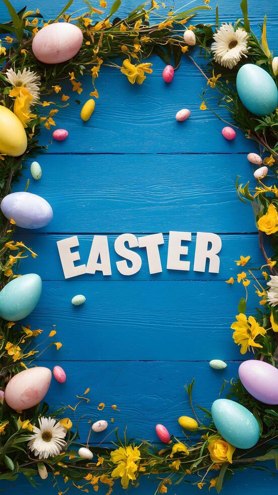 festlig påsk ram med blommor, ägg på blå trä- styrelser vertikal mobil tapet foto