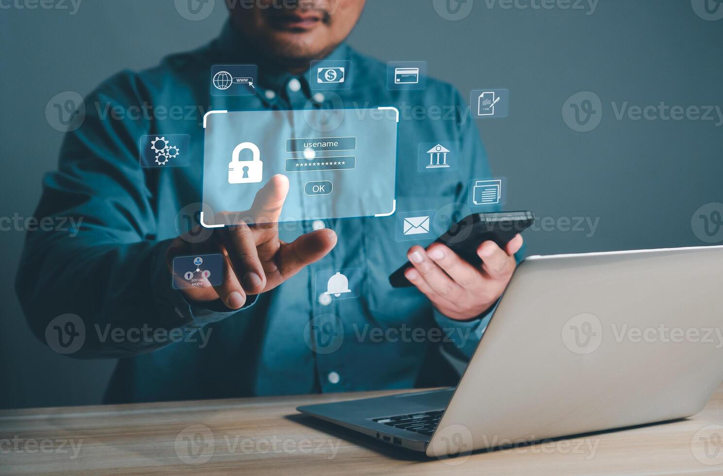 affärsman fingeravtryck scanner Användarnamn och Lösenord för säkerhet data på bärbar dator och virtuell gränssnitt låsa. foto
