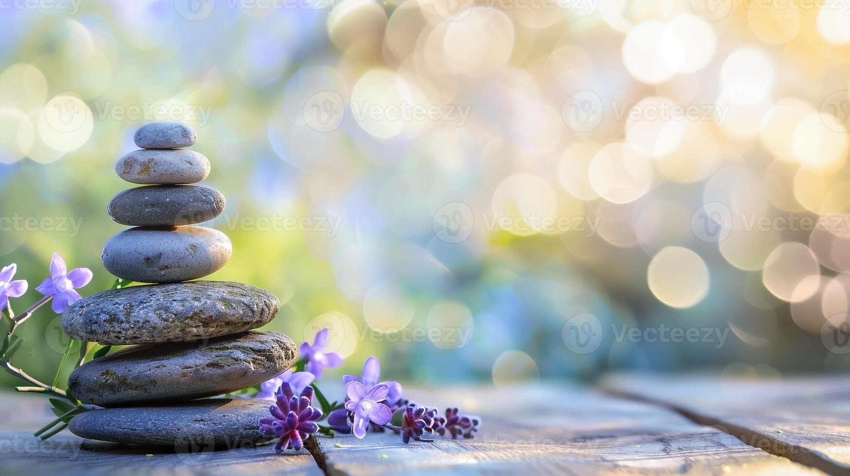 lugnande zen stenar med delikat blommor, naturlig bokeh ljus för spa, friskvård, och fredlig meditation teman. foto