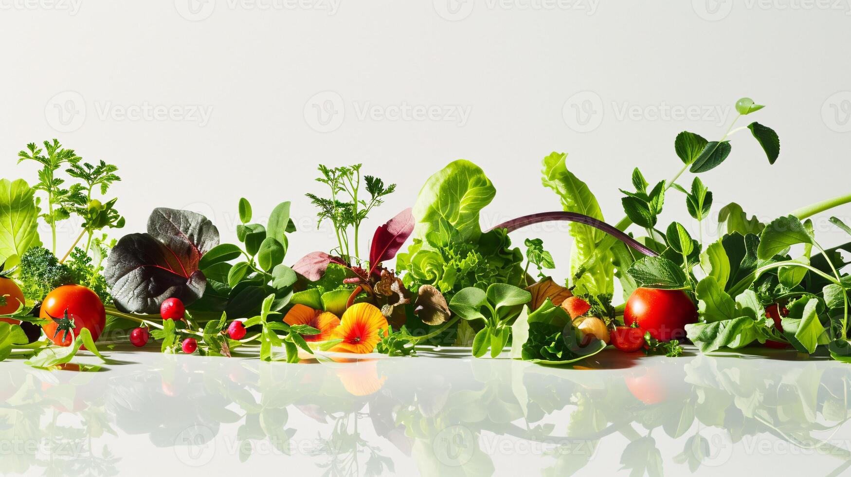 en vibrerande array av färsk örter och grönsaker, former en fängslande visa på de klar vit yta. foto