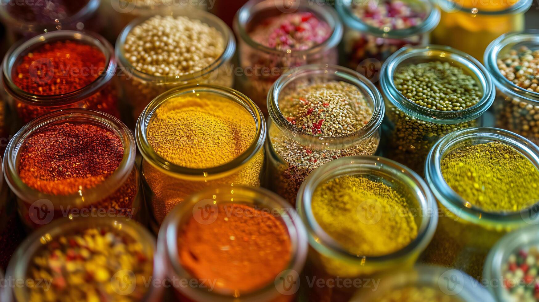 en sammansättning av färgrik italiensk kryddor i små glas burkar former en visuellt stimulerande arrangemang foto