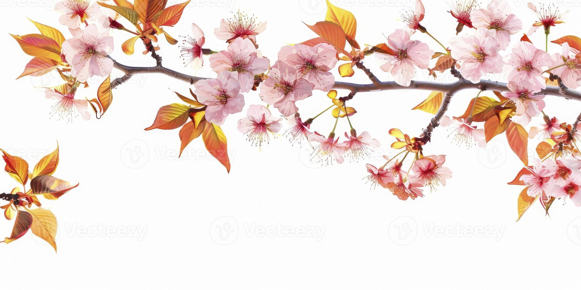 skön körsbär blomma träd gren med rosa blommor och gul löv på en vit bakgrund foto