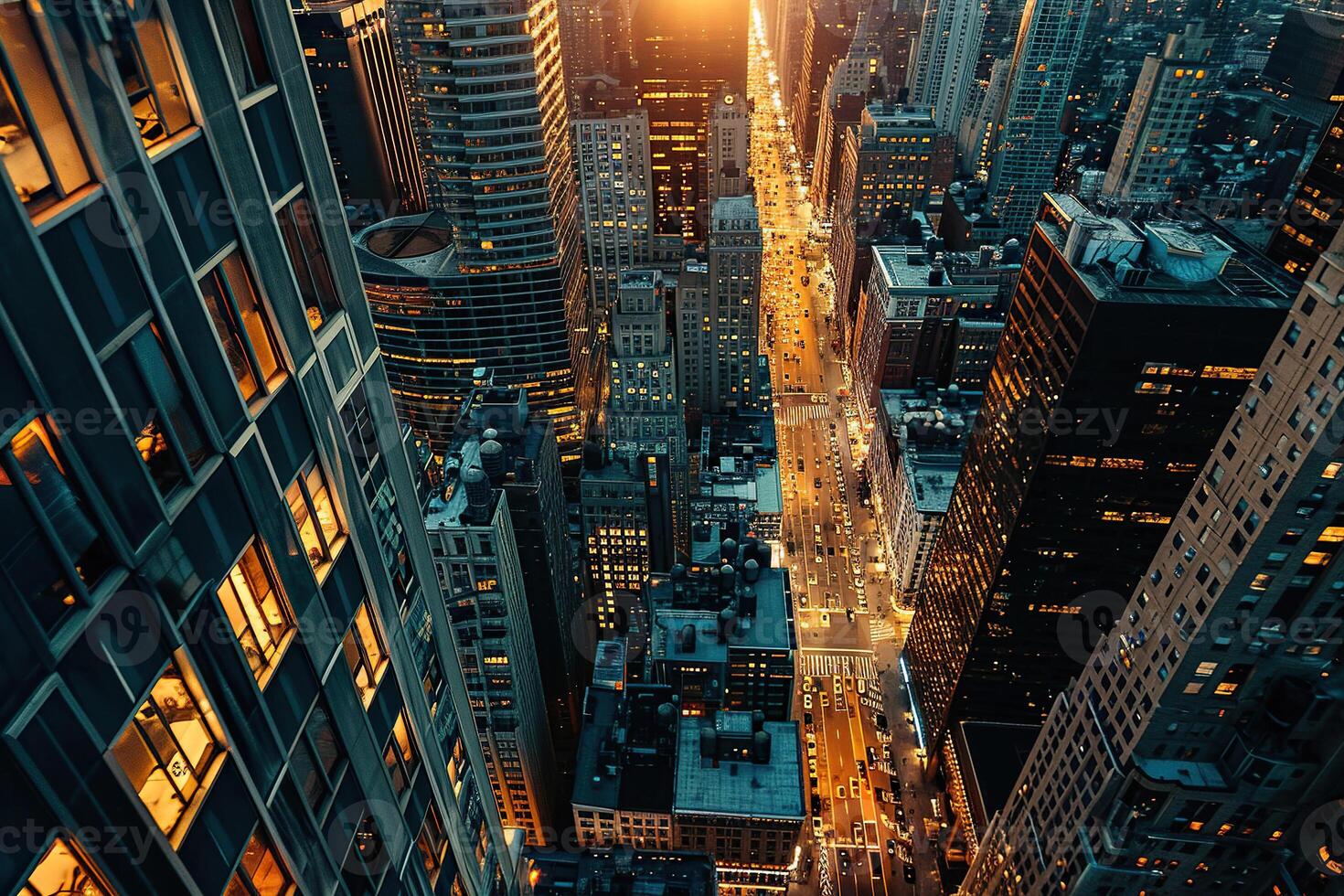 topp se av skyskrapor på solnedgång. landskap av en modern stad. modern urban arkitektur. foto