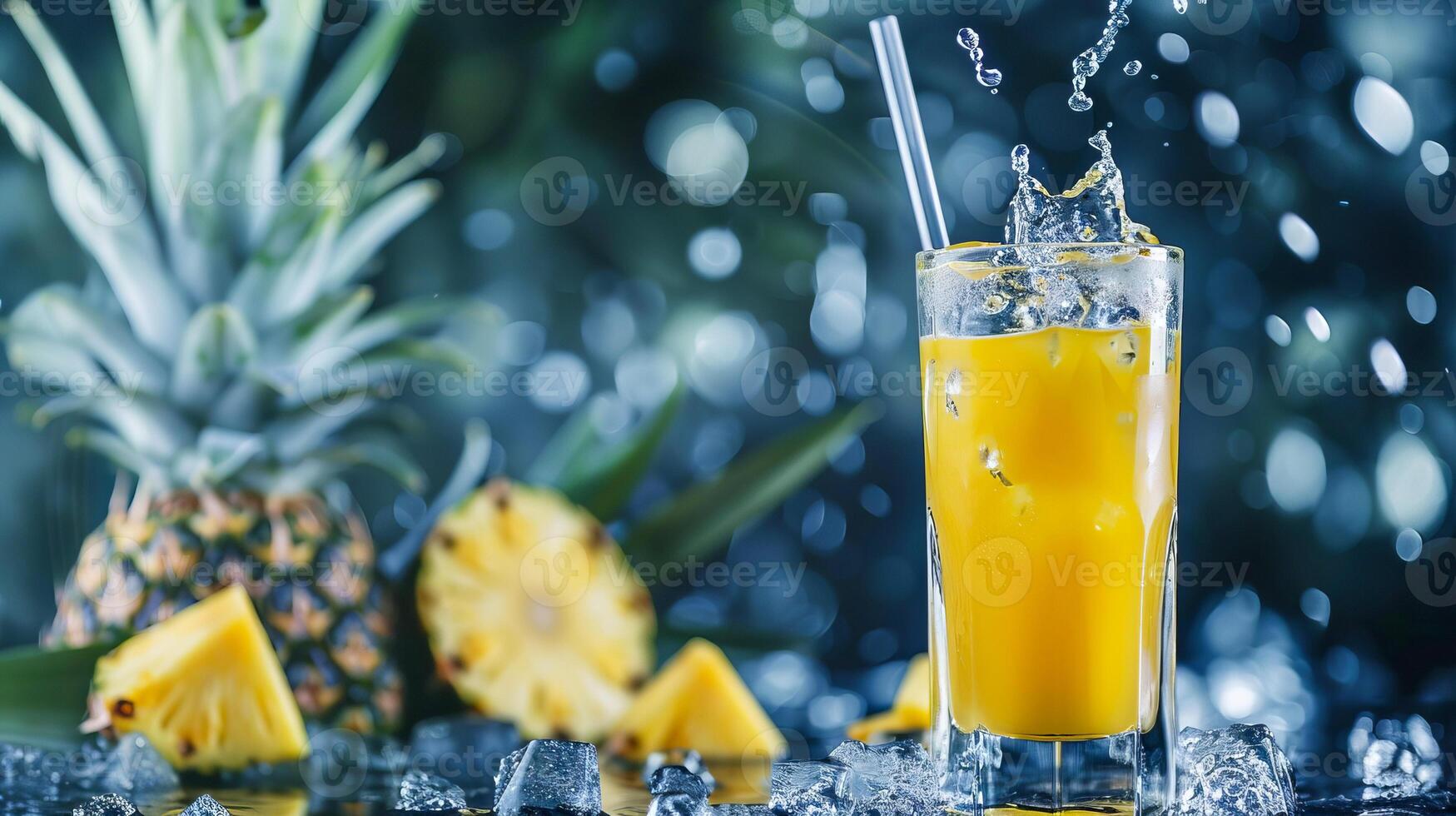 glas med ananas juice, ananas och stänk av vatten. . foto