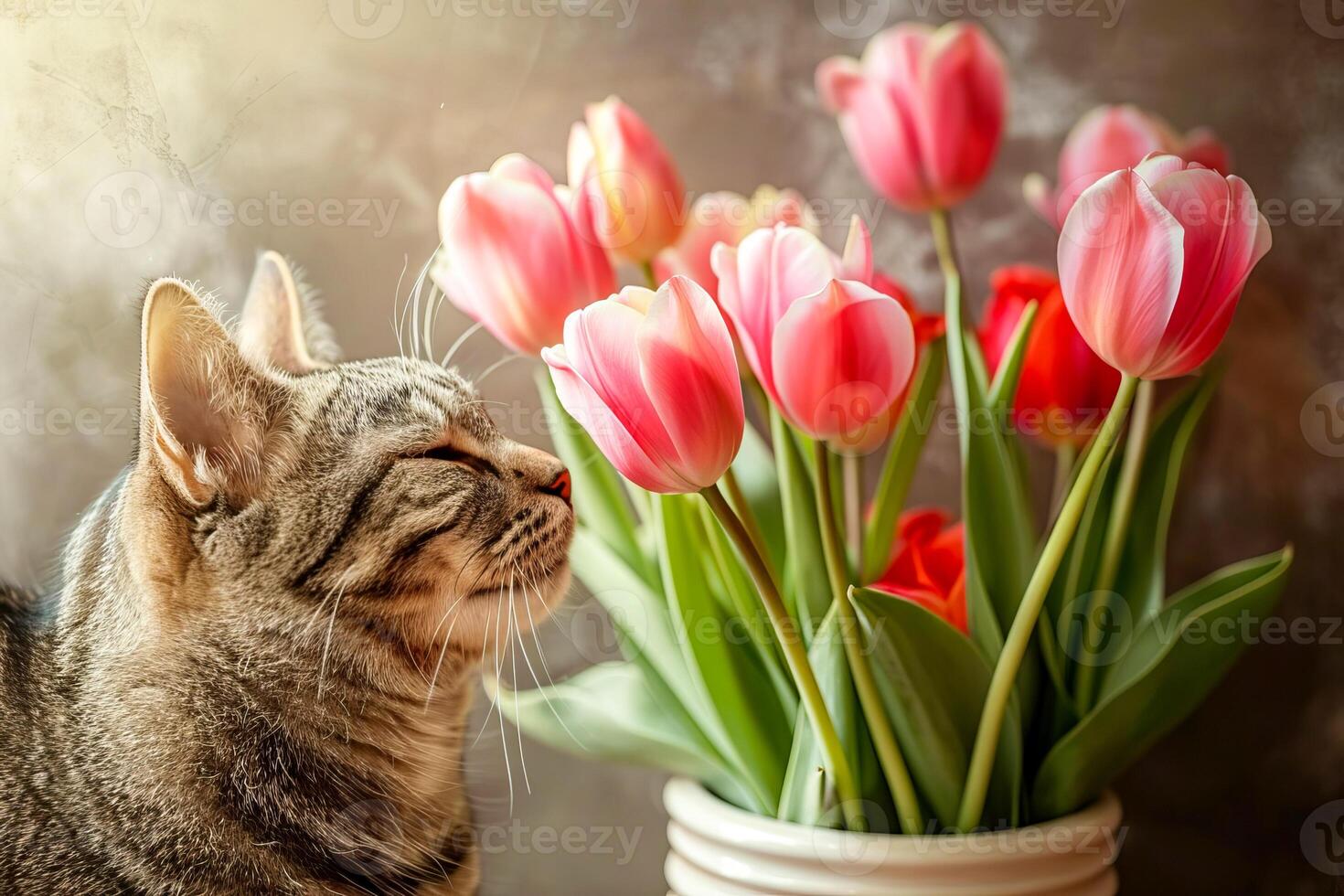 inhemsk tabby katt med tulpaner. . foto